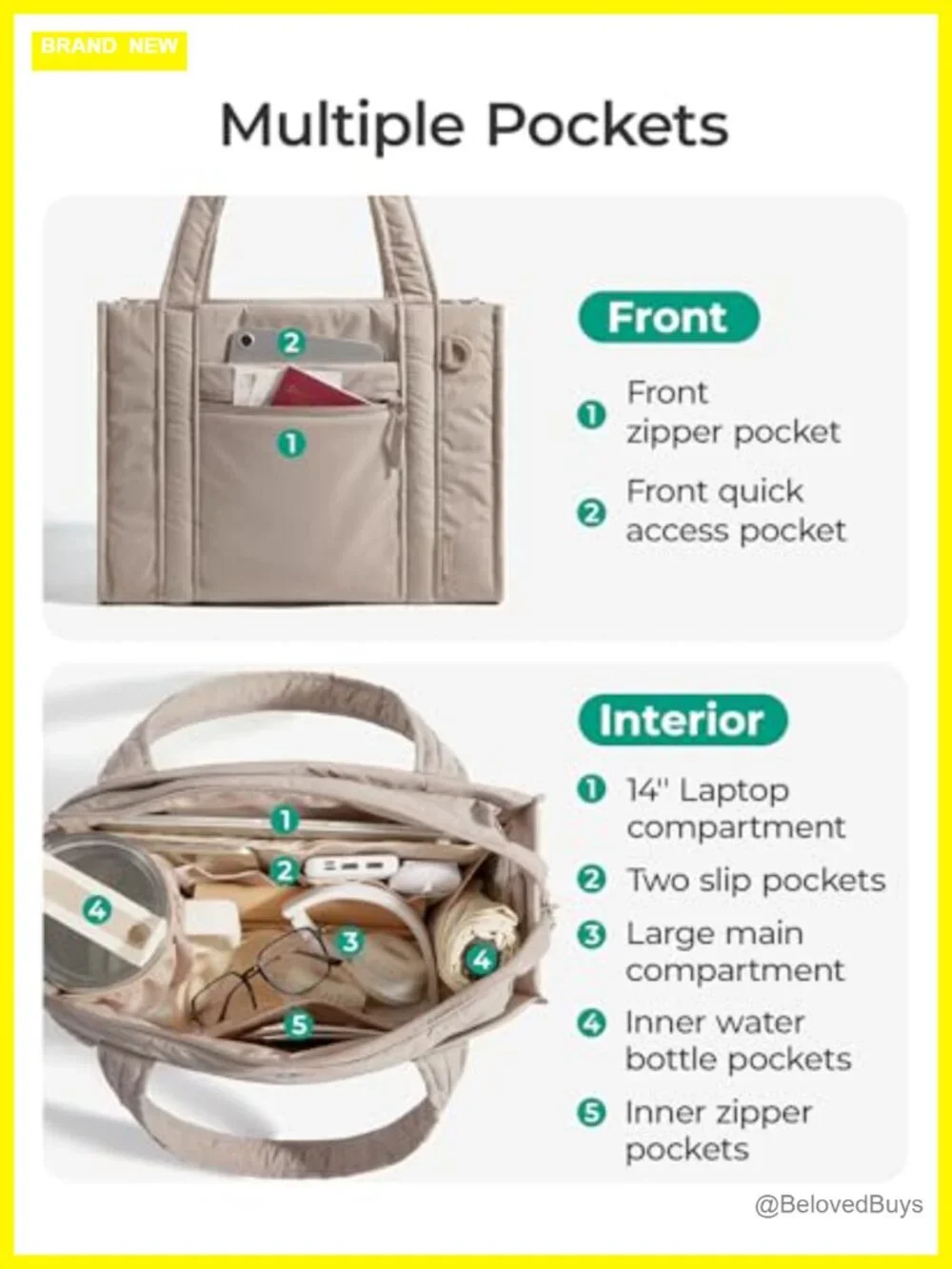 Quilted Nylon Tote Bag with Laptop Compartment, Crossbody, Travel Work College